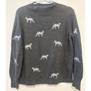 Chico’s Gray Leopard Print Sweater Cashmere Wool Blend Mock Neck Size 1 Medium